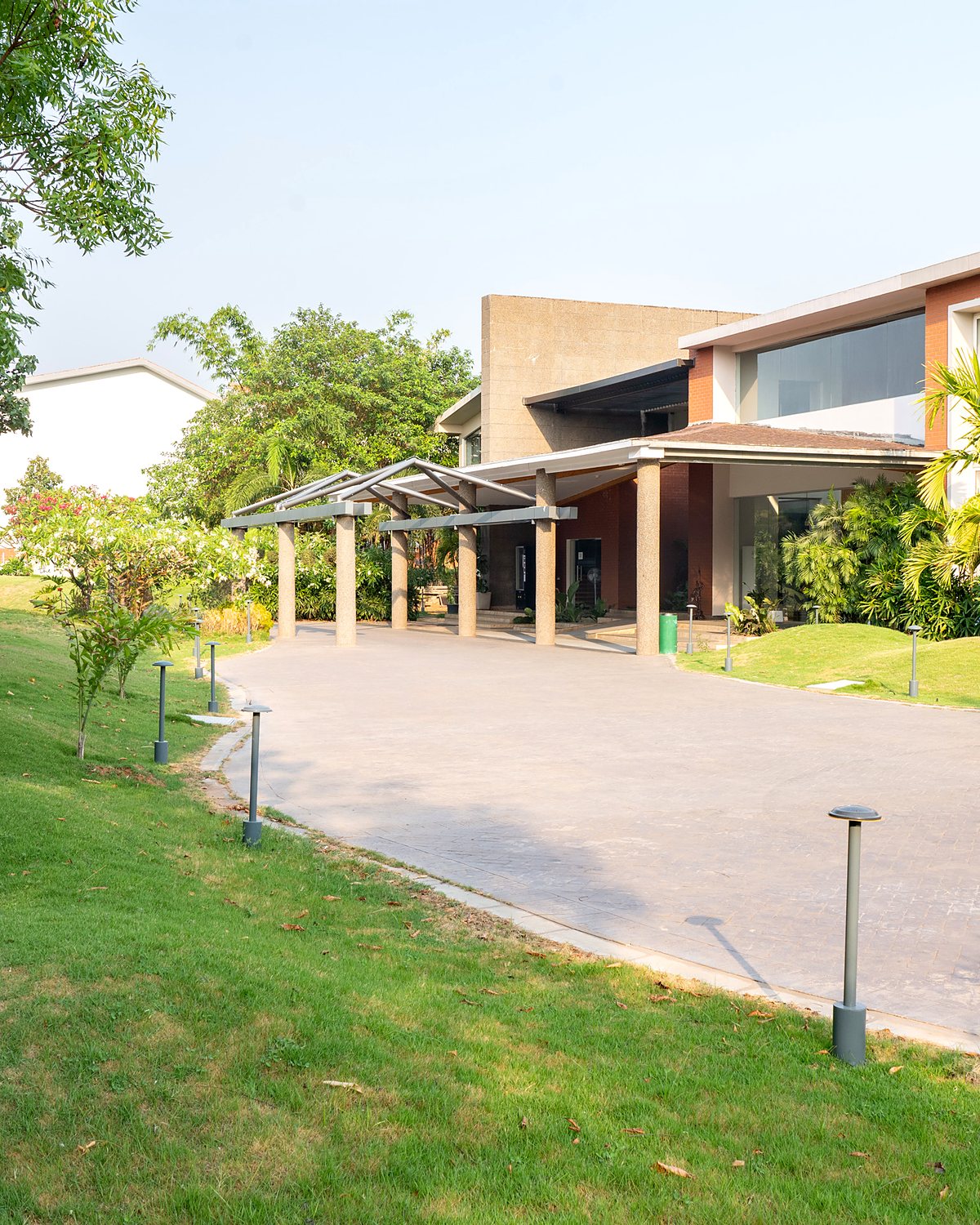 Kanha Shanti Vanam from the air: the circular meditation pavilion, formal planting beds and garden paths.