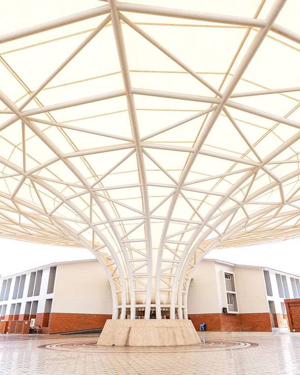 The interior of the campus dome at Kanha, its white lattice shell converging overhead.